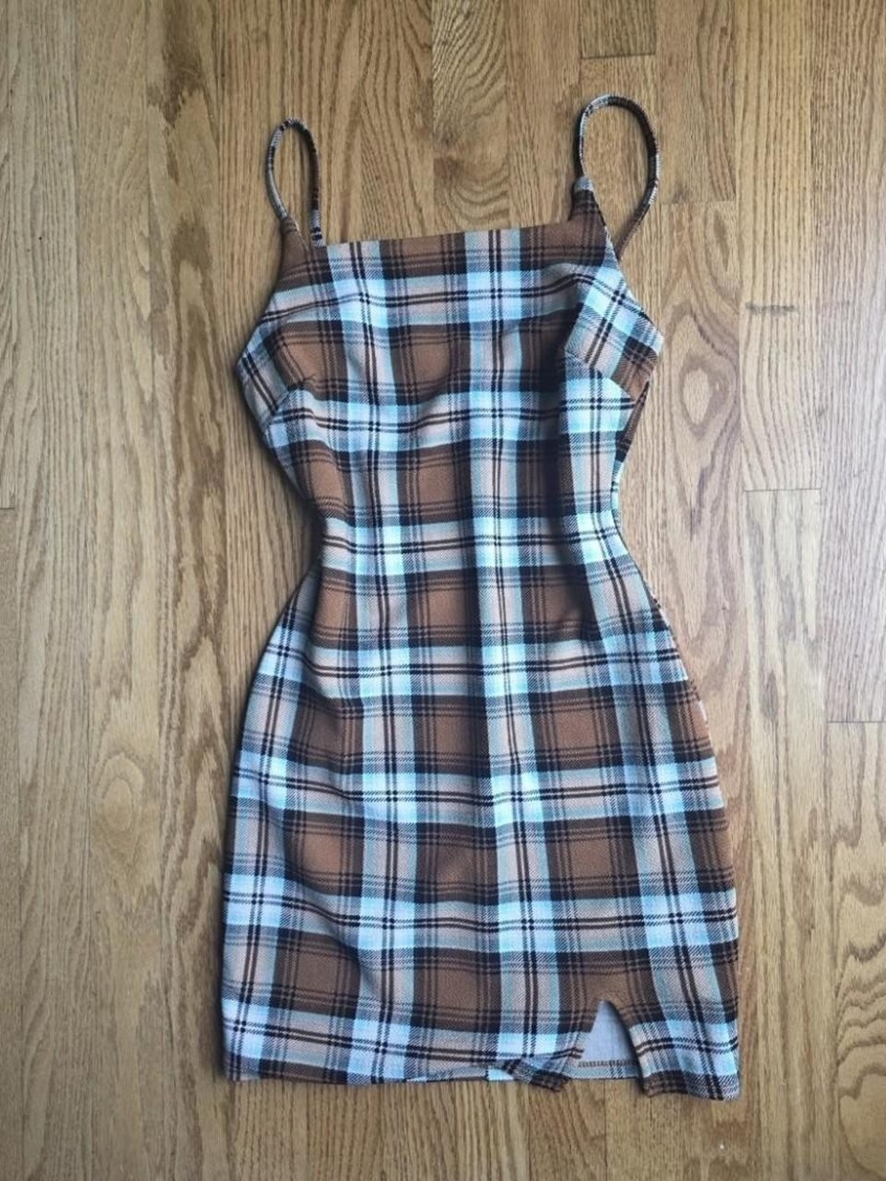Brown And Blue Plaid Spaghetti Strap Mini Dress